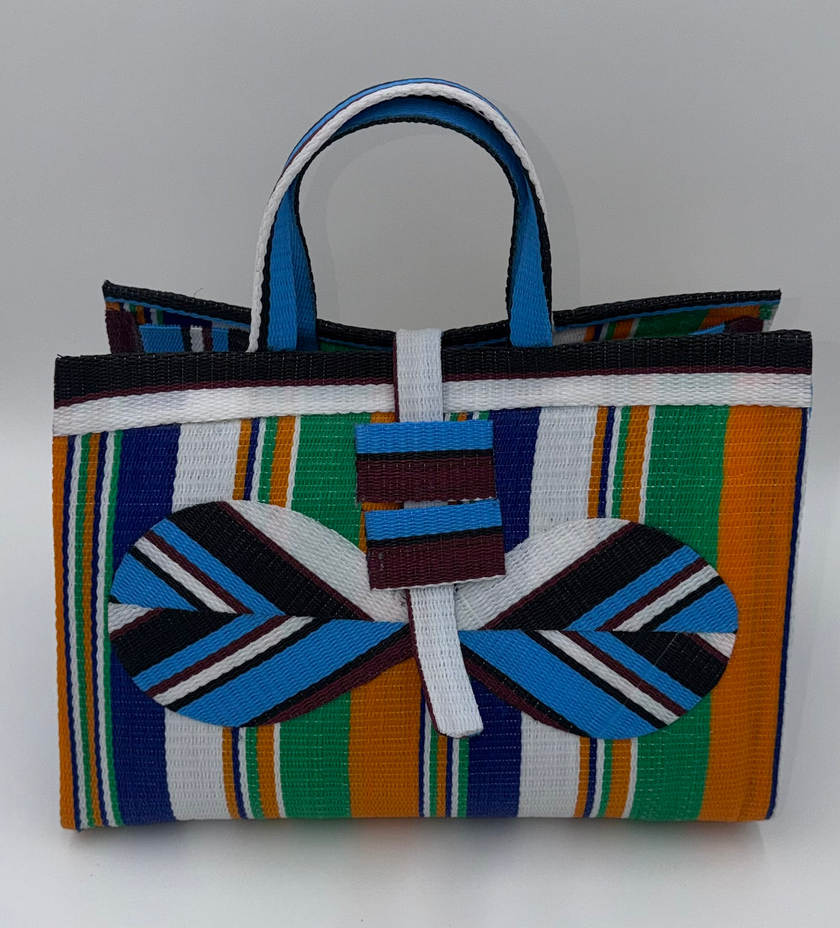 Citrus Large handwoven tote bag by SCRUBIES in Orange,Blue,White,Green, with Stripes design and Bow accent pattern
