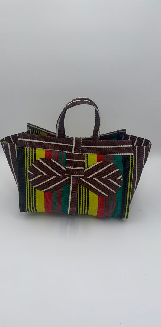 Africana Large handwoven tote bag by SCRUBIES in Brown,Yellow,Red,Green,Black with Stripes design and Bow accent pattern