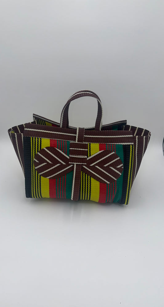 Africana Large handwoven tote bag by SCRUBIES in Brown,Yellow,Red,Green,Black with Stripes design and Bow accent pattern