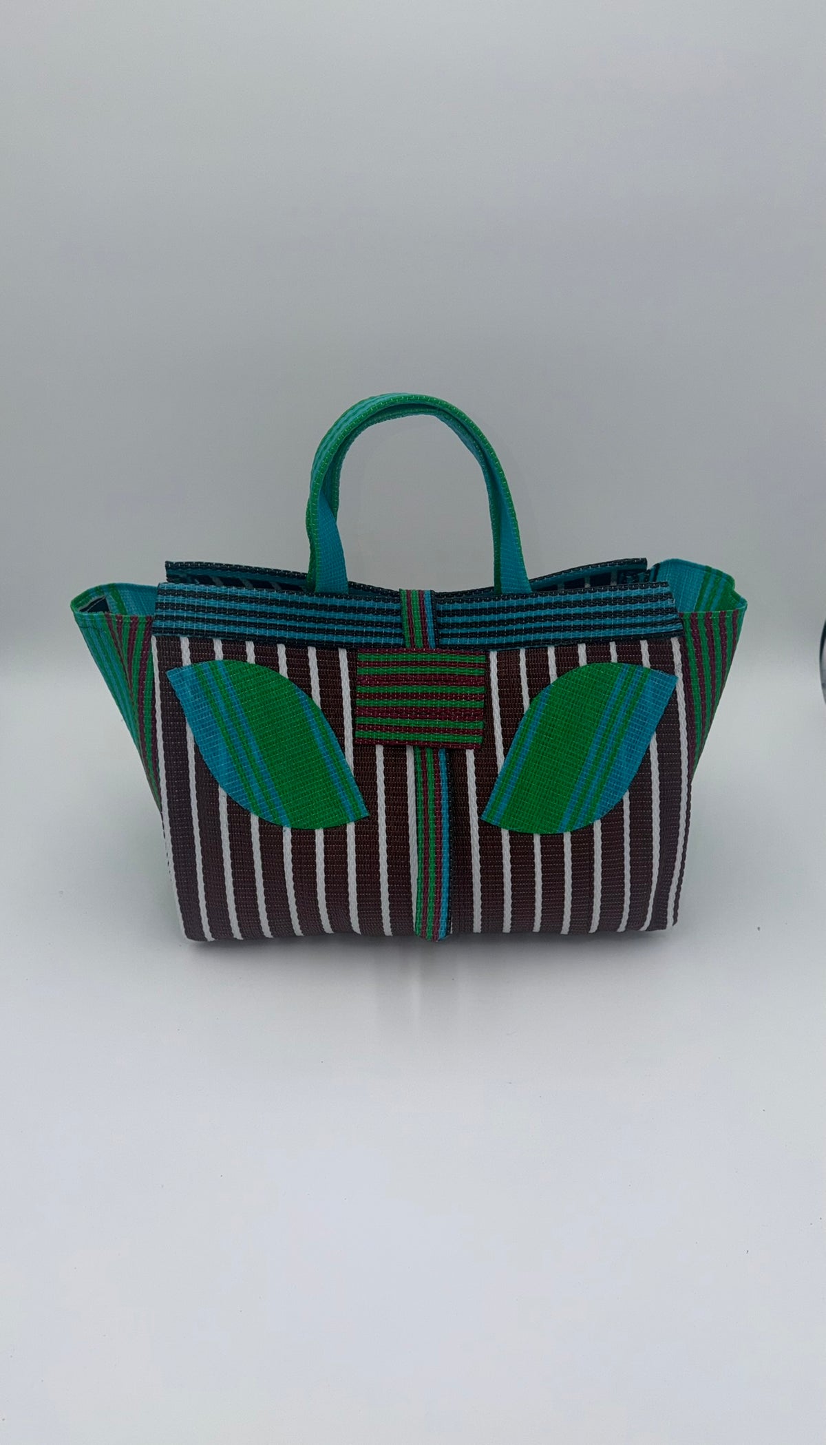 Brownie Large handwoven tote bag by SCRUBIES in Brwon,Green,White with Stripes design and Leaf accent pattern