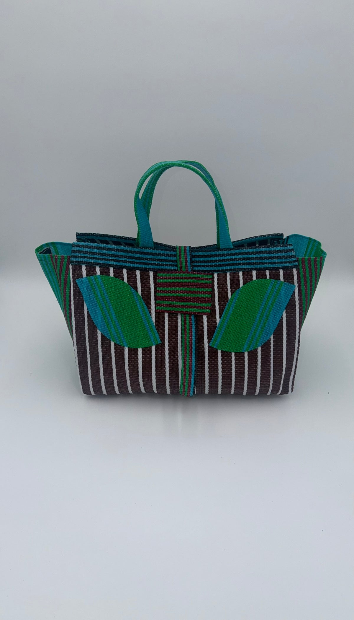 Brownie Large handwoven tote bag by SCRUBIES in Brwon,Green,White with Stripes design and Leaf accent pattern