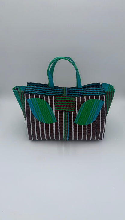 Brownie Large handwoven tote bag by SCRUBIES in Brwon,Green,White with Stripes design and Leaf accent pattern