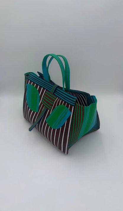 Brownie Large handwoven tote bag by SCRUBIES in Brwon,Green,White with Stripes design and Leaf accent pattern