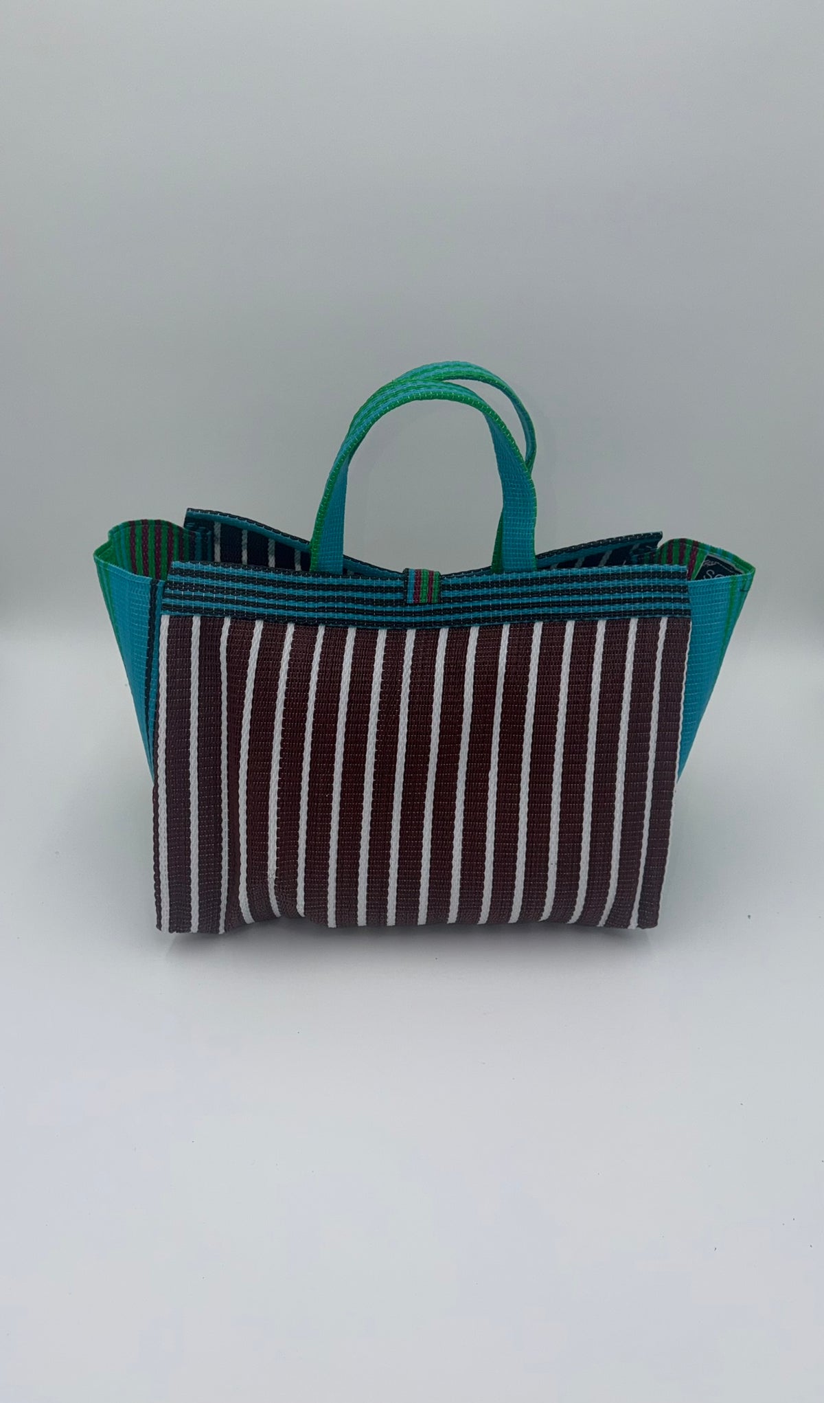 Brownie Large handwoven tote bag by SCRUBIES in Brwon,Green,White with Stripes design and Leaf accent pattern