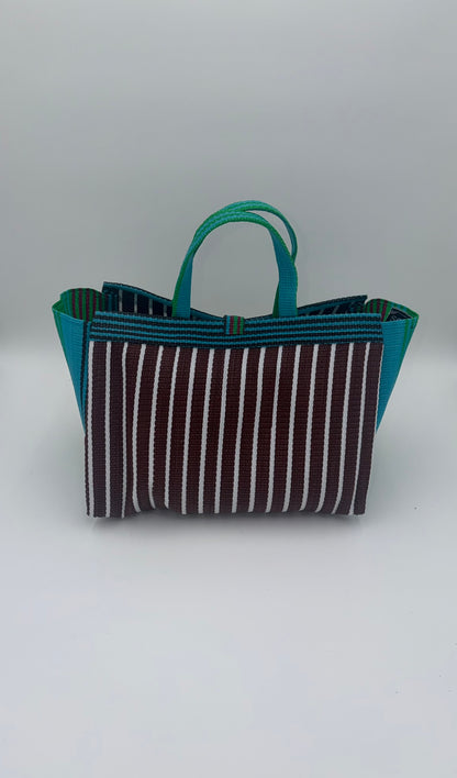 Brownie Large handwoven tote bag by SCRUBIES in Brwon,Green,White with Stripes design and Leaf accent pattern