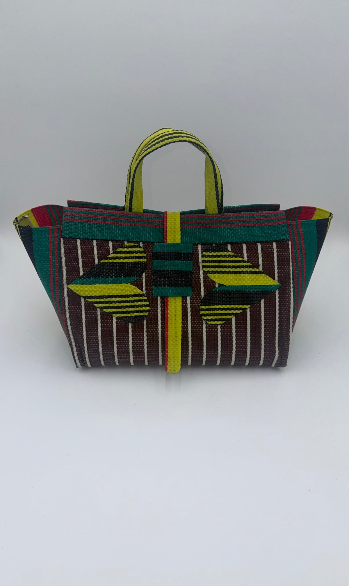 Brownie Large handwoven tote bag by SCRUBIES in Brown,Yellow,Red,Green,Black with Stripes design and Love accent pattern