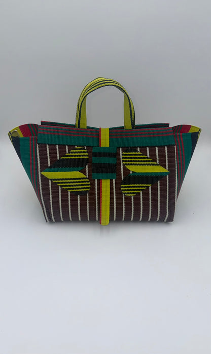 Brownie Large handwoven tote bag by SCRUBIES in Brown,Yellow,Red,Green,Black with Stripes design and Love accent pattern
