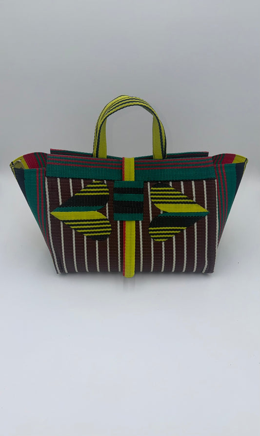 Brownie Large handwoven tote bag by SCRUBIES in Brown,Yellow,Red,Green,Black with Stripes design and Love accent pattern