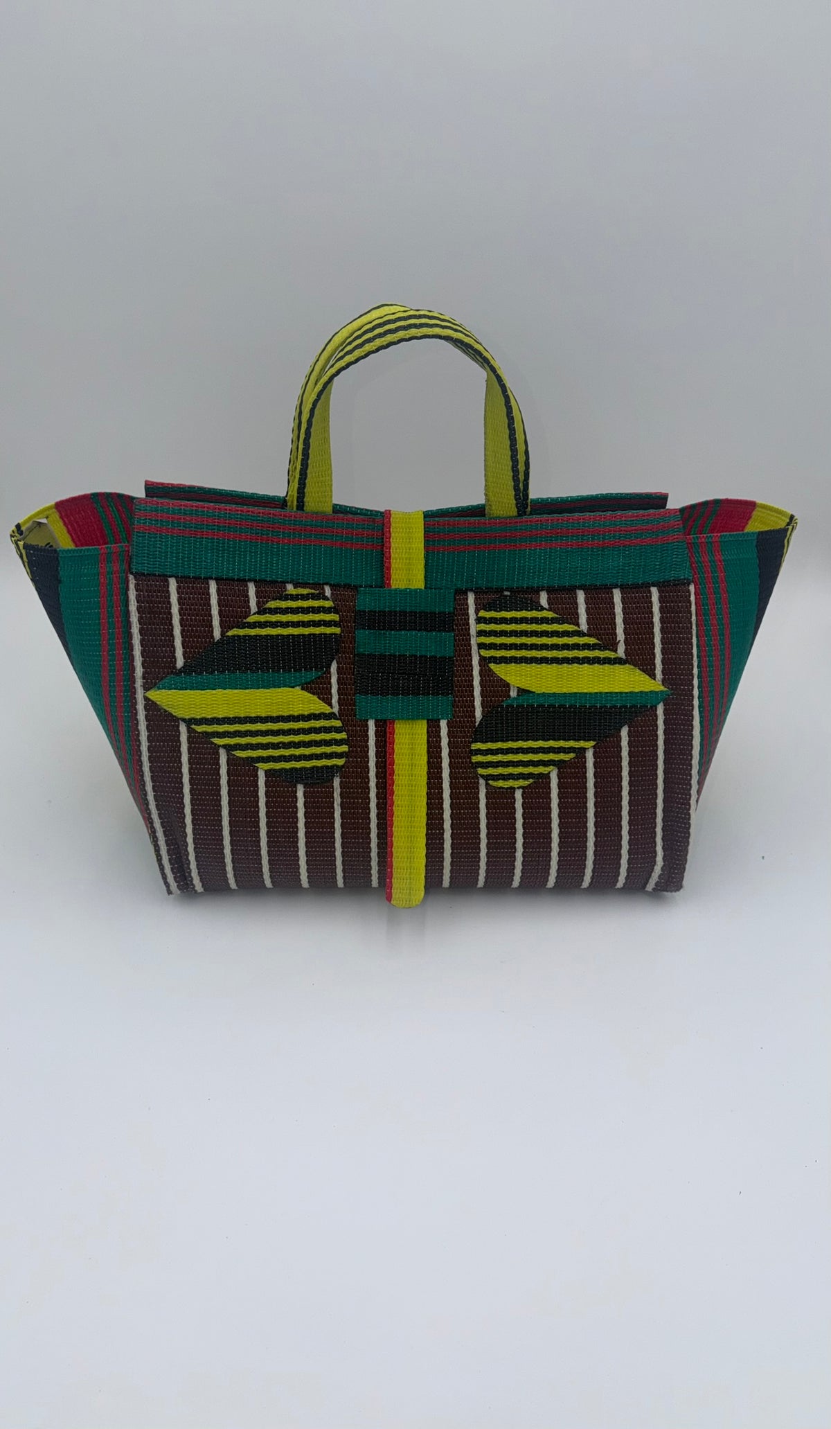 Brownie Large handwoven tote bag by SCRUBIES in Brown,Yellow,Red,Green,Black with Stripes design and Love accent pattern