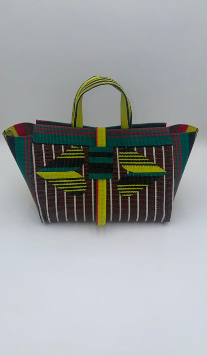 Brownie Large handwoven tote bag by SCRUBIES in Brown,Yellow,Red,Green,Black with Stripes design and Love accent pattern