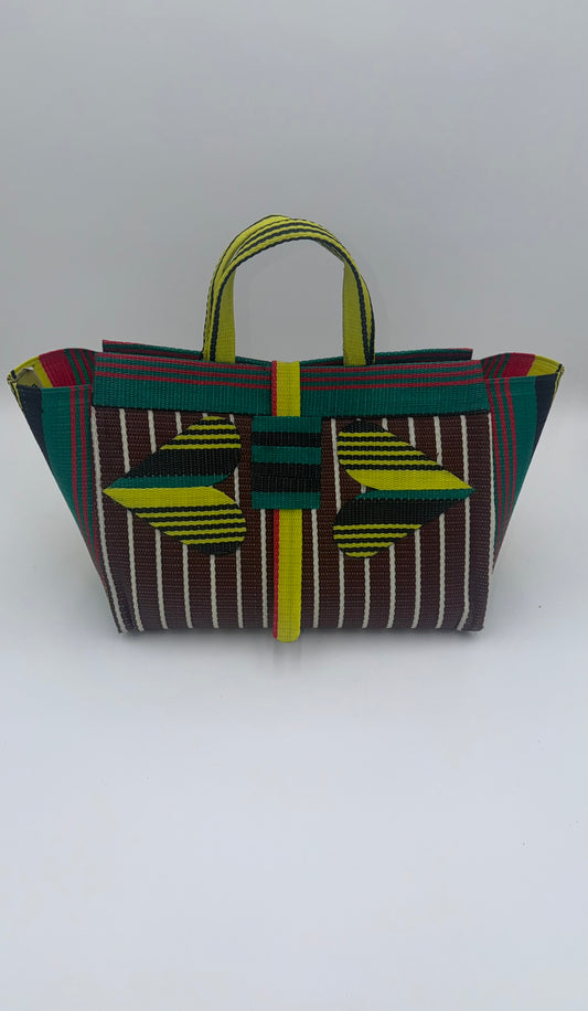 Brownie Large handwoven tote bag by SCRUBIES in Brown,Yellow,Red,Green,Black with Stripes design and Love accent pattern