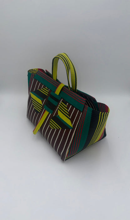 Brownie Large handwoven tote bag by SCRUBIES in Brown,Yellow,Red,Green,Black with Stripes design and Love accent pattern