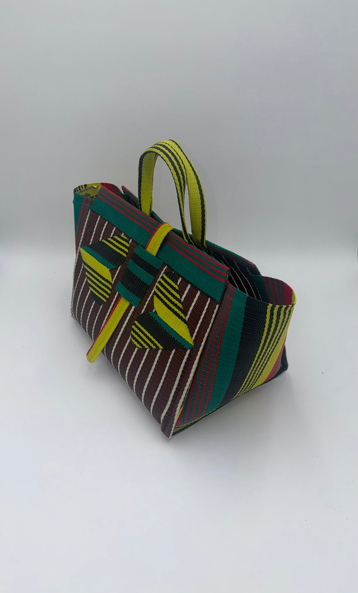 Brownie Large handwoven tote bag by SCRUBIES in Brown,Yellow,Red,Green,Black with Stripes design and Love accent pattern