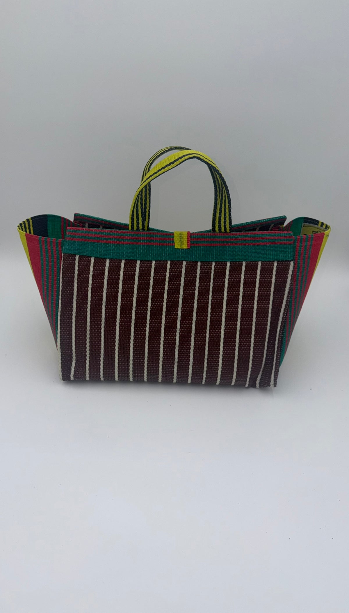 Brownie Large handwoven tote bag by SCRUBIES in Brown,Yellow,Red,Green,Black with Stripes design and Love accent pattern