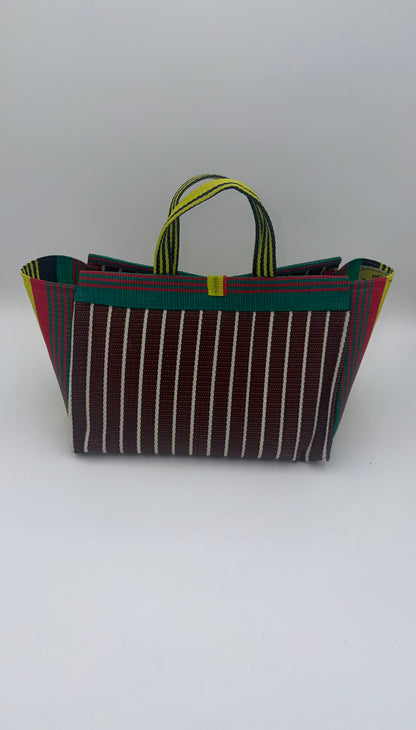 Brownie Large handwoven tote bag by SCRUBIES in Brown,Yellow,Red,Green,Black with Stripes design and Love accent pattern