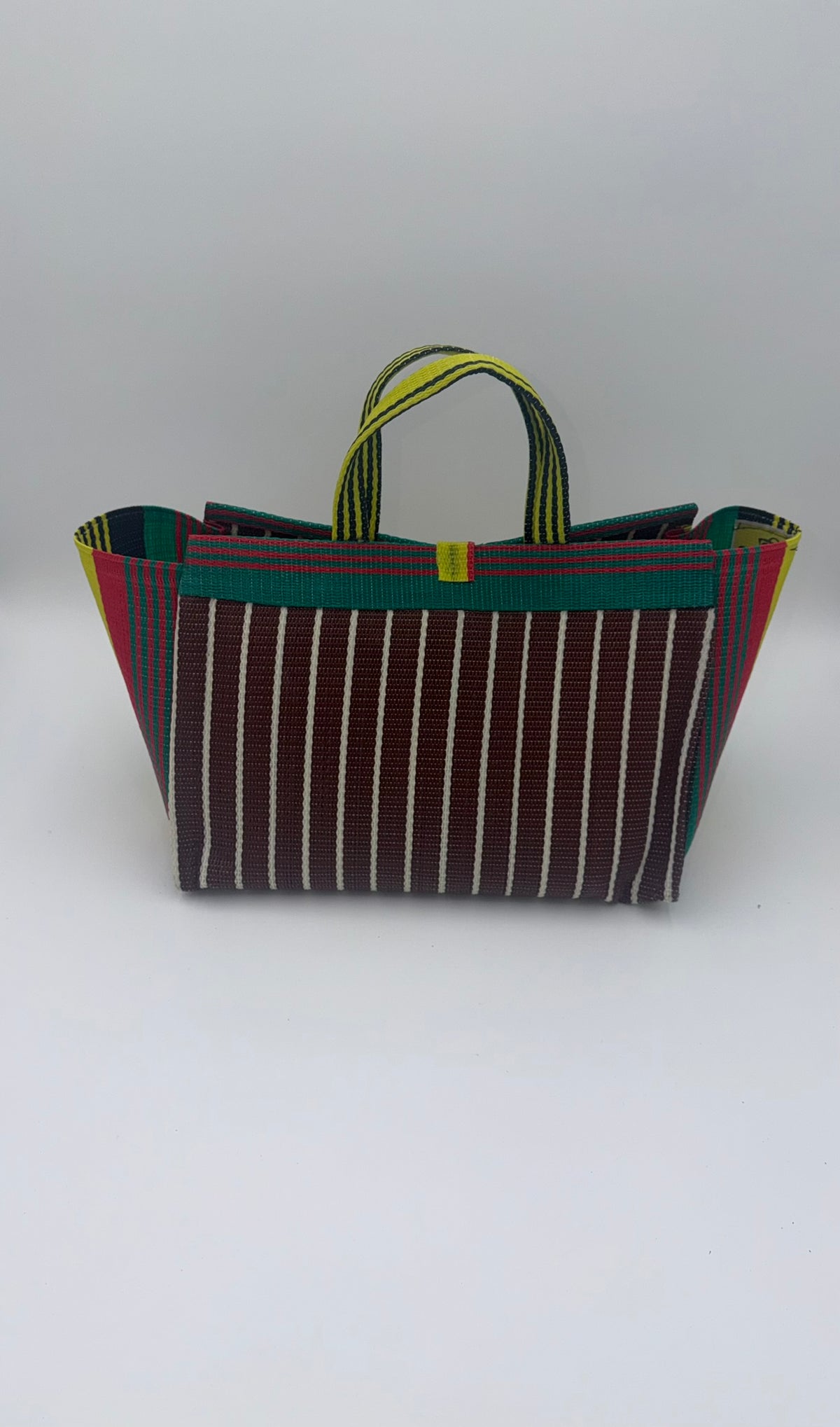 Brownie Large handwoven tote bag by SCRUBIES in Brown,Yellow,Red,Green,Black with Stripes design and Love accent pattern