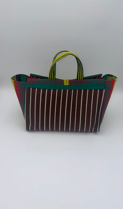 Brownie Large handwoven tote bag by SCRUBIES in Brown,Yellow,Red,Green,Black with Stripes design and Love accent pattern