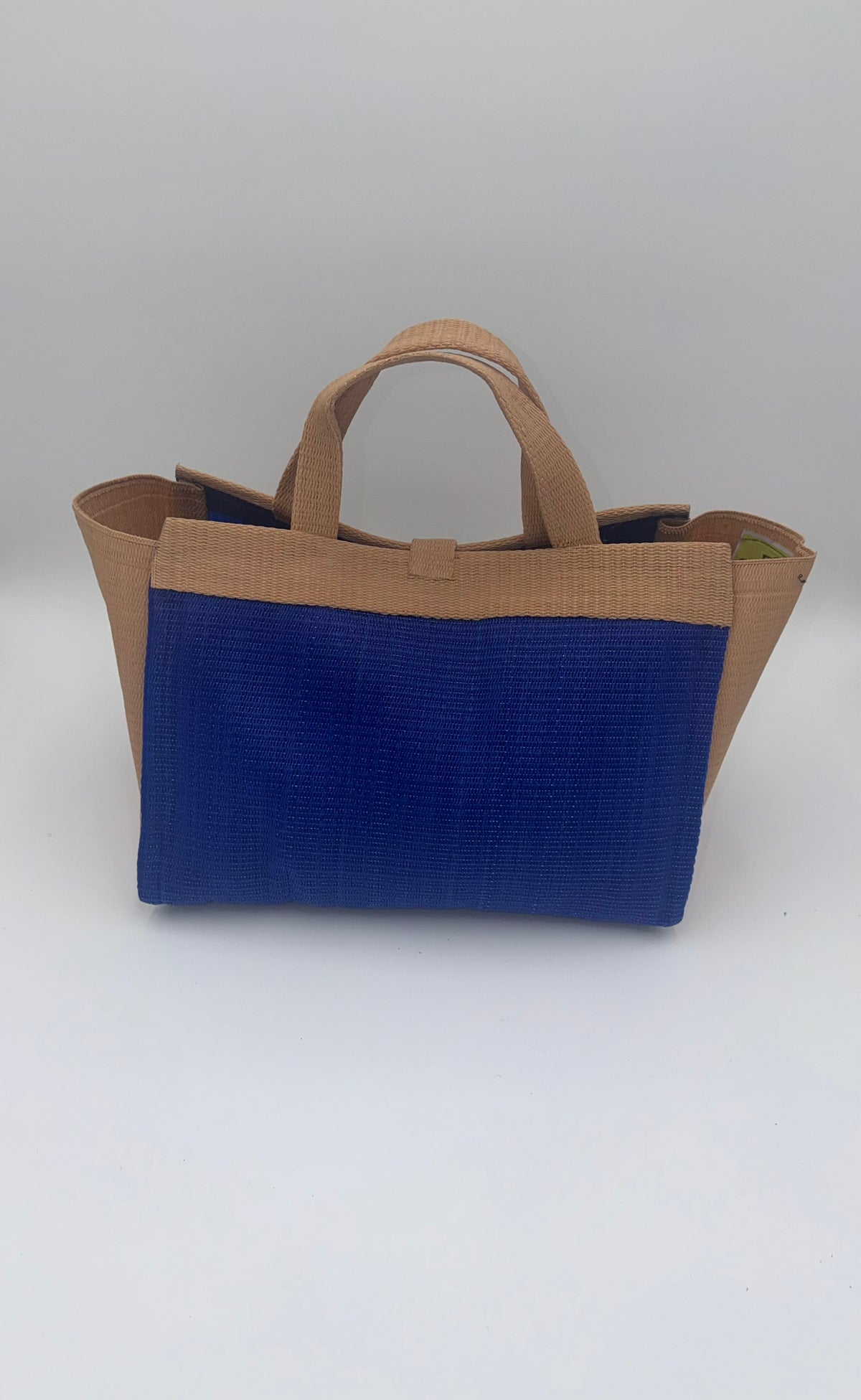 Berry Large handwoven tote bag by SCRUBIES in Blue,Beige with Solid design and Circle accent pattern