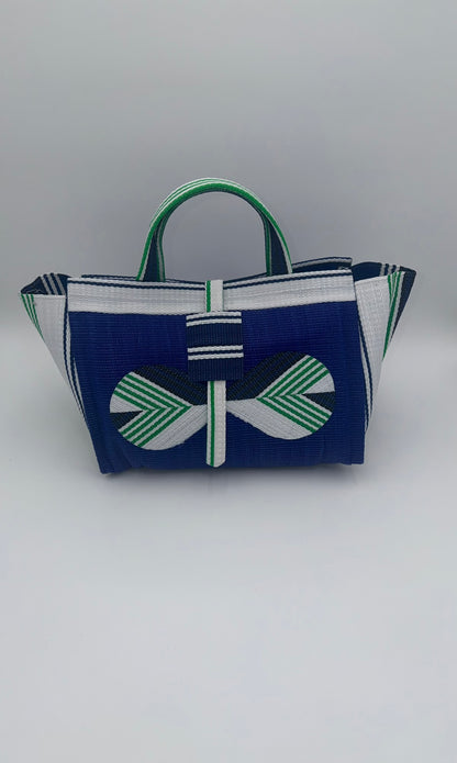 Berry Large handwoven tote bag by SCRUBIES in Blue,White,Green with Solid design and Bow accent pattern