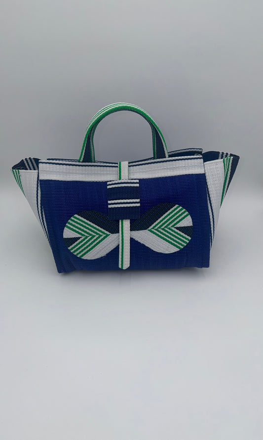 Berry Large handwoven tote bag by SCRUBIES in Blue,White,Green with Solid design and Bow accent pattern