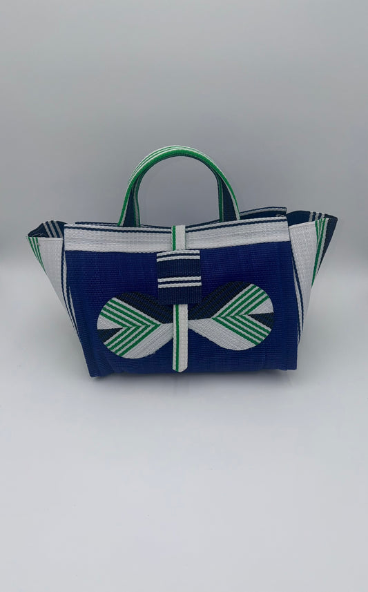 Berry Large handwoven tote bag by SCRUBIES in Blue,White,Green with Solid design and Bow accent pattern