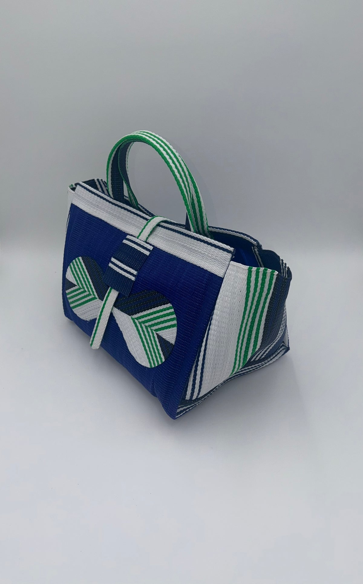 Berry Large handwoven tote bag by SCRUBIES in Blue,White,Green with Solid design and Bow accent pattern