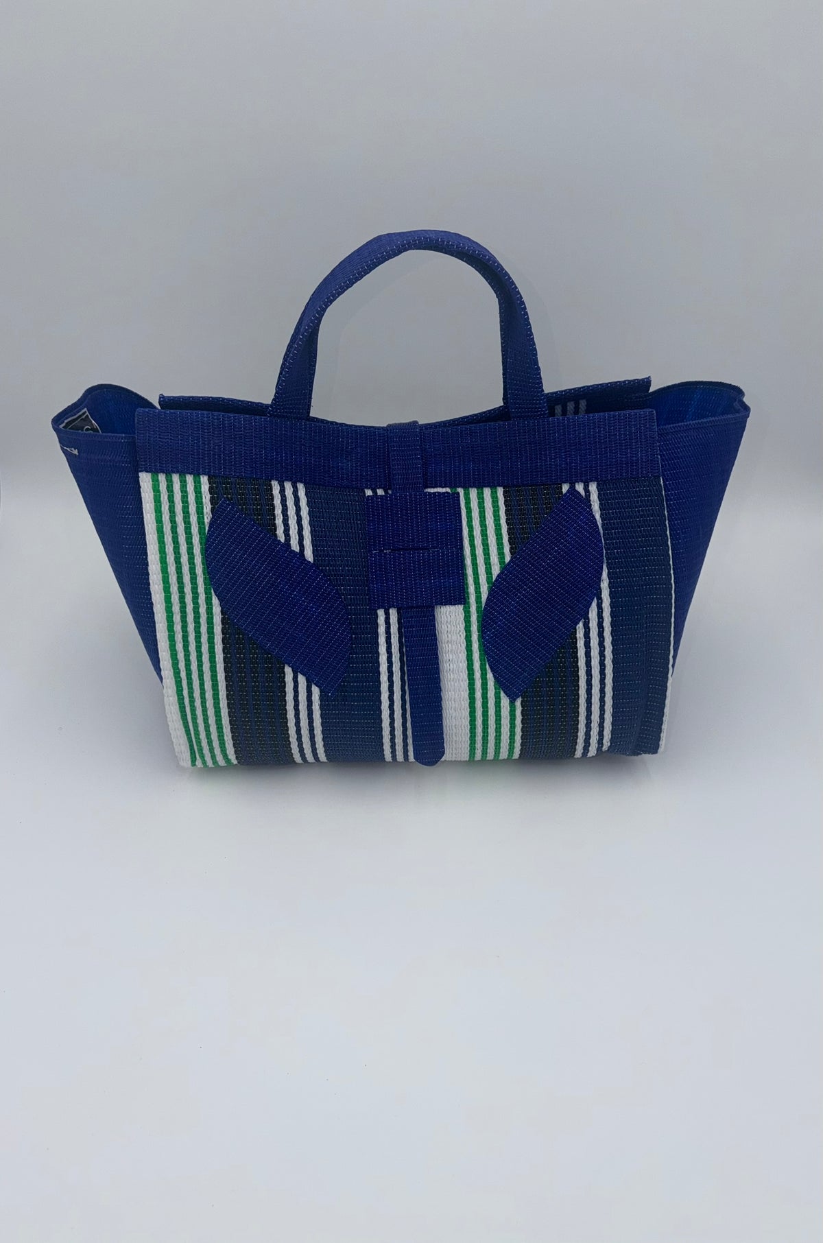 Emerald Large handwoven tote bag by SCRUBIES in Blue,White,Green with Stripes design and Leaf accent pattern