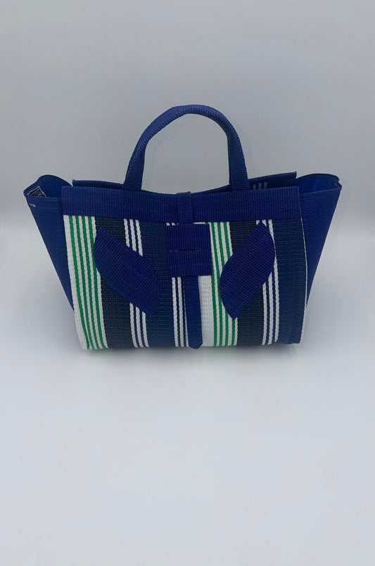 Emerald Large handwoven tote bag by SCRUBIES in Blue,White,Green with Stripes design and Leaf accent pattern