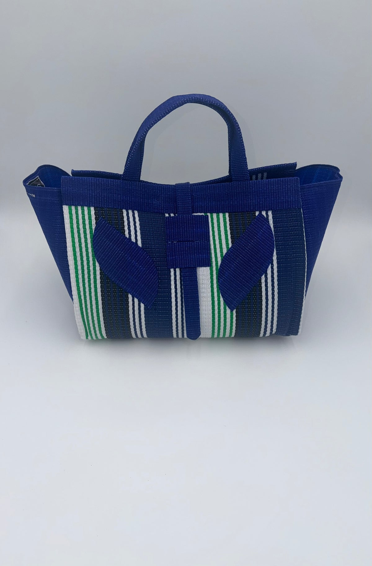 Emerald Large handwoven tote bag by SCRUBIES in Blue,White,Green with Stripes design and Leaf accent pattern