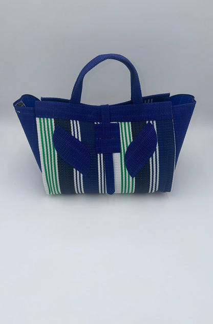 Emerald Large handwoven tote bag by SCRUBIES in Blue,White,Green with Stripes design and Leaf accent pattern