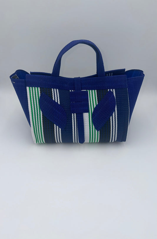 Emerald Large handwoven tote bag by SCRUBIES in Blue,White,Green with Stripes design and Leaf accent pattern