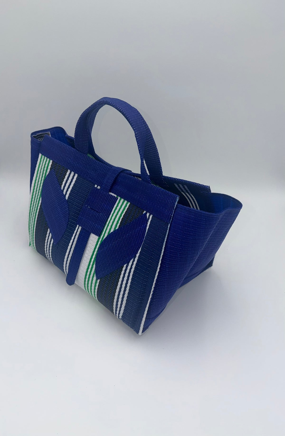 Emerald Large handwoven tote bag by SCRUBIES in Blue,White,Green with Stripes design and Leaf accent pattern