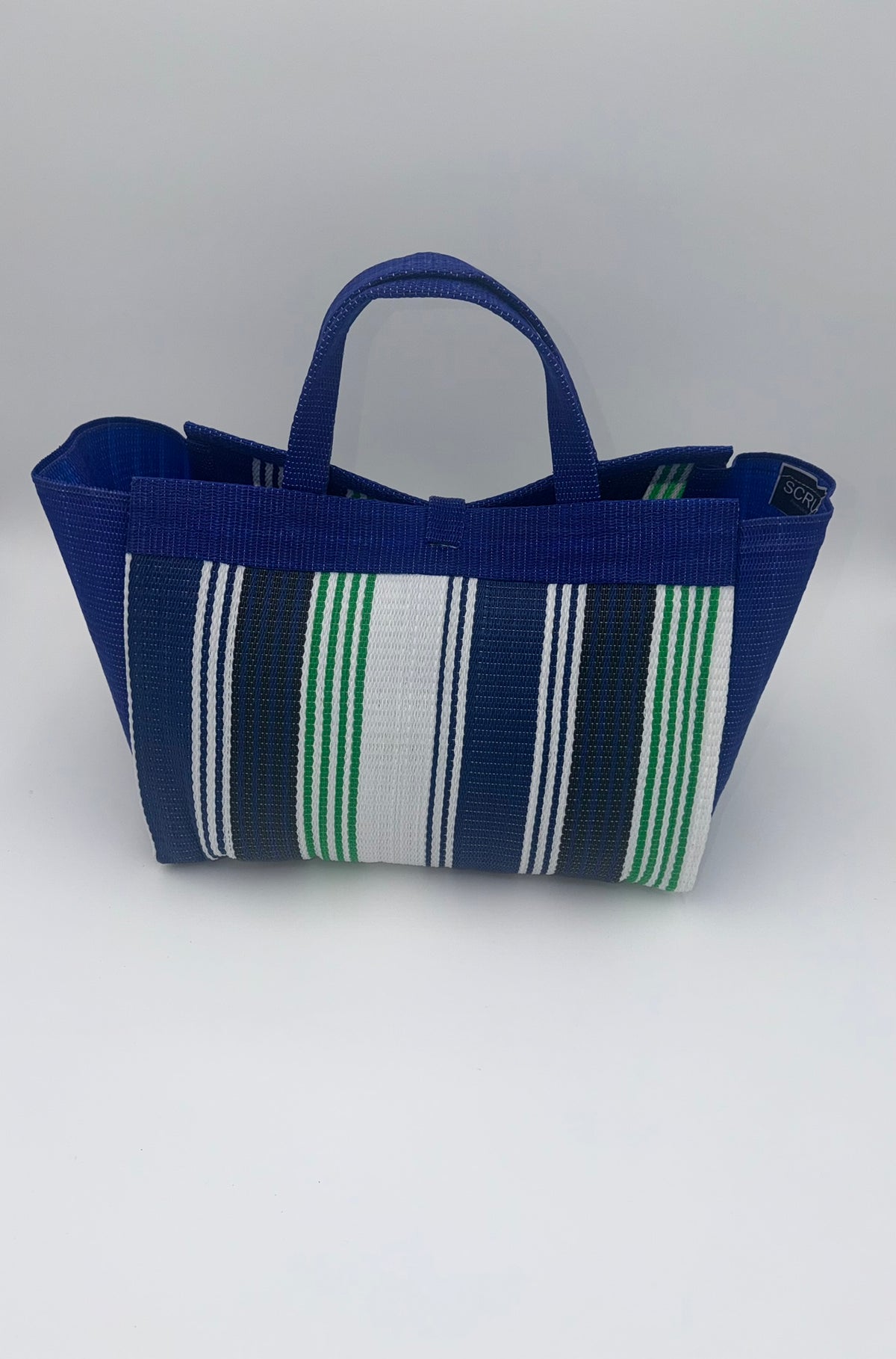 Emerald Large handwoven tote bag by SCRUBIES in Blue,White,Green with Stripes design and Leaf accent pattern