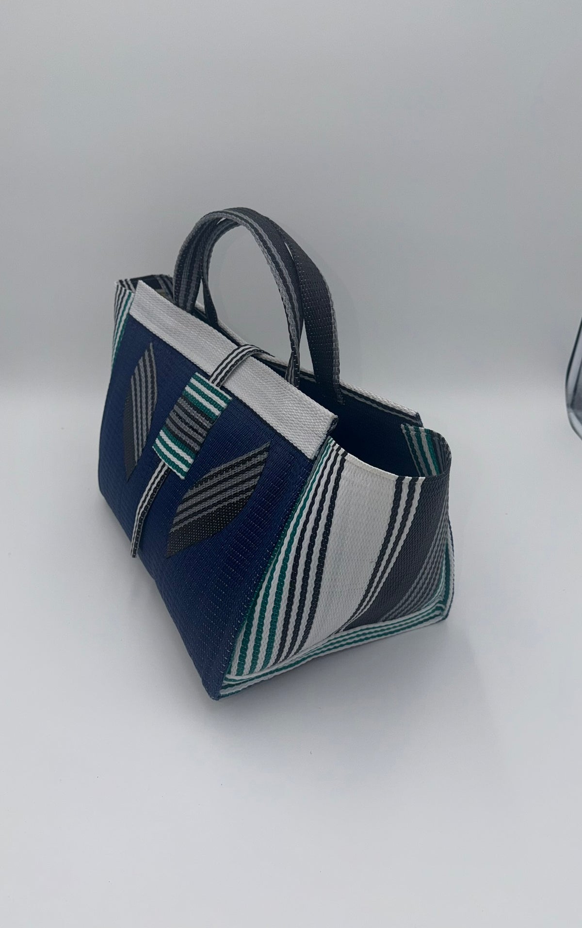Berry Large handwoven tote bag by SCRUBIES in Blue,White,Green,Grey,Black, with Solid design and Leaf accent pattern