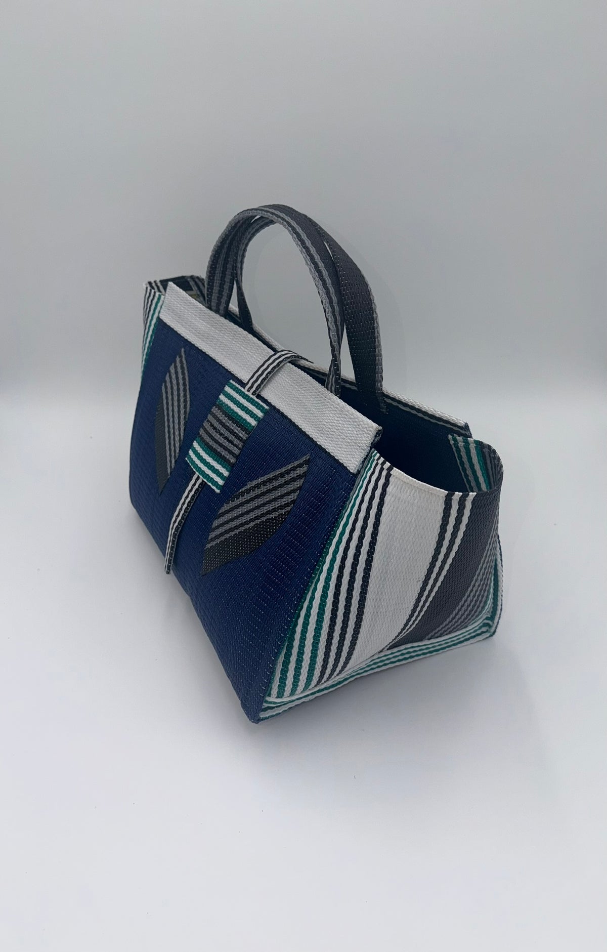 Berry Large handwoven tote bag by SCRUBIES in Blue,White,Green,Grey,Black, with Solid design and Leaf accent pattern