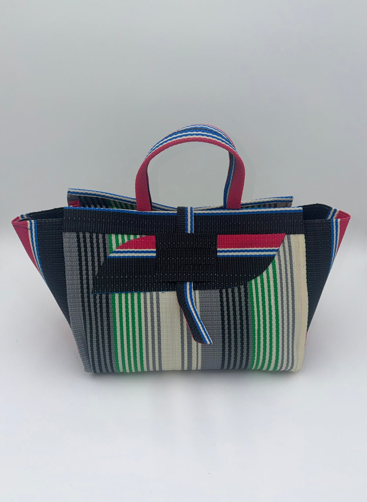 Emerald Large handwoven tote bag by SCRUBIES in Grey,Black,Green,Cream,Pink with Stripes design and Almond accent pattern