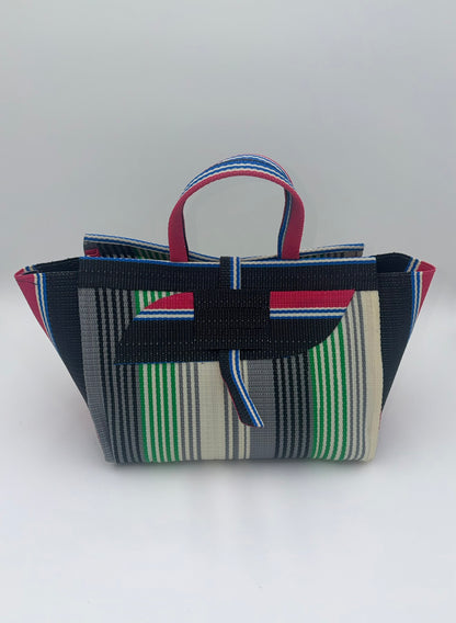 Emerald Large handwoven tote bag by SCRUBIES in Grey,Black,Green,Cream,Pink with Stripes design and Almond accent pattern