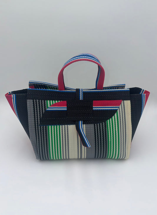 Emerald Large handwoven tote bag by SCRUBIES in Grey,Black,Green,Cream,Pink with Stripes design and Almond accent pattern