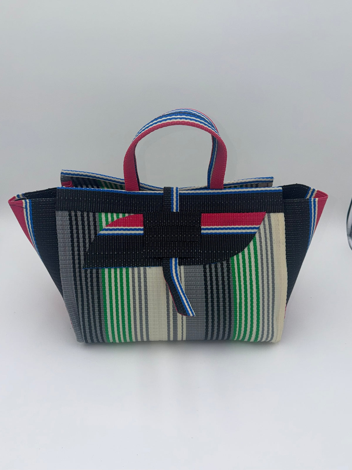 Emerald Large handwoven tote bag by SCRUBIES in Grey,Black,Green,Cream,Pink with Stripes design and Almond accent pattern