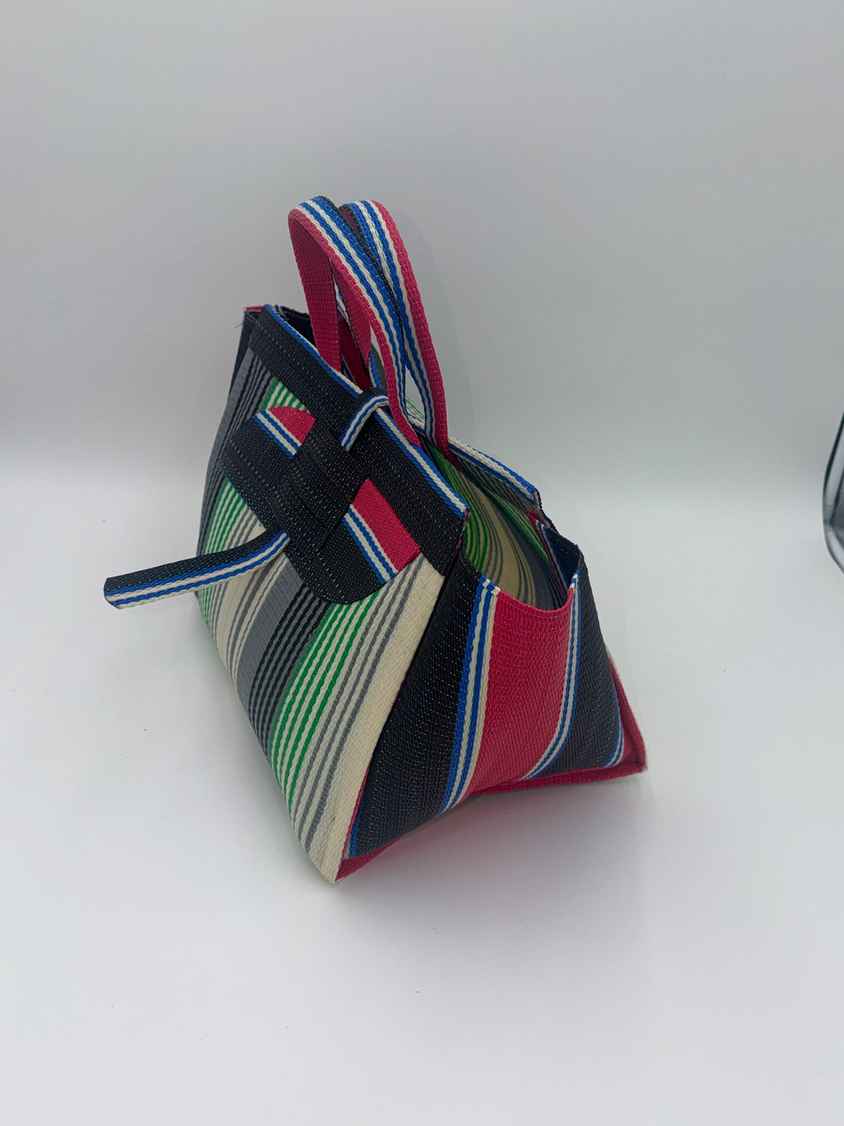 Emerald Large handwoven tote bag by SCRUBIES in Grey,Black,Green,Cream,Pink with Stripes design and Almond accent pattern