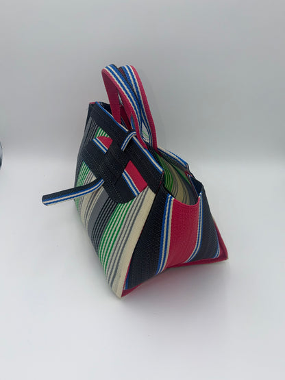Emerald Large handwoven tote bag by SCRUBIES in Grey,Black,Green,Cream,Pink with Stripes design and Almond accent pattern