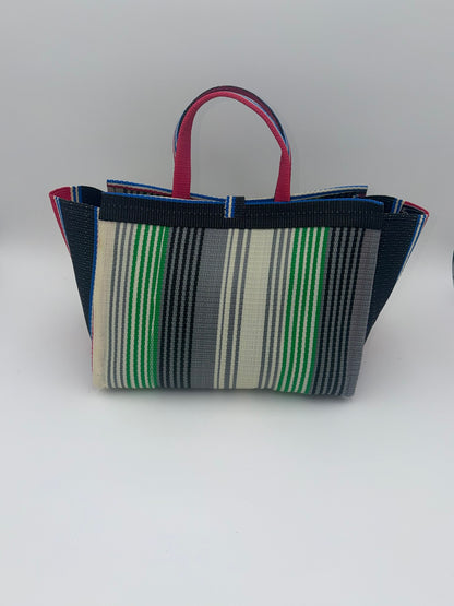 Emerald Large handwoven tote bag by SCRUBIES in Grey,Black,Green,Cream,Pink with Stripes design and Almond accent pattern