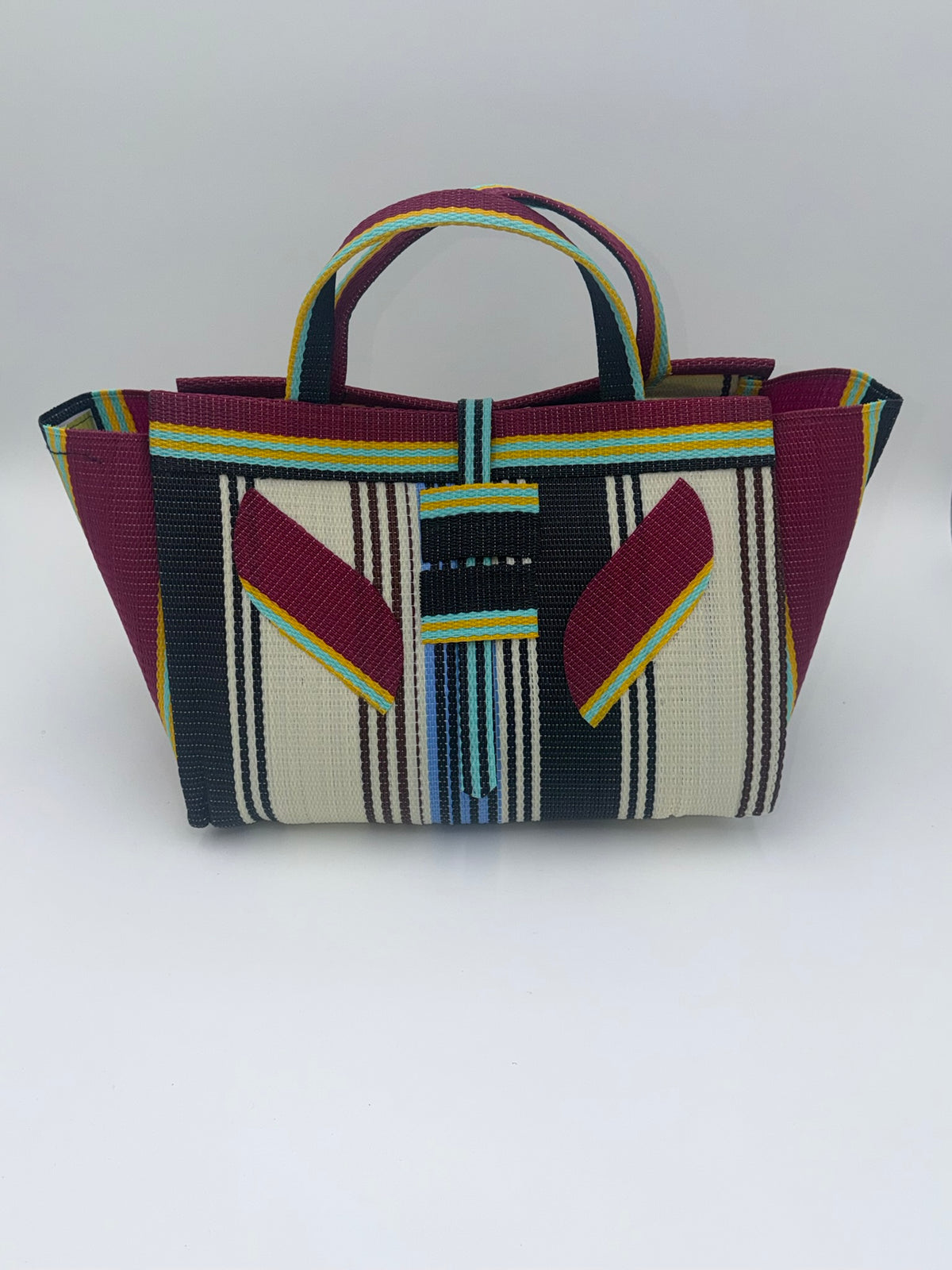 Pearl Large handwoven tote bag by SCRUBIES in Cream,,Wine,Black with Stripes design and Leaf accent pattern