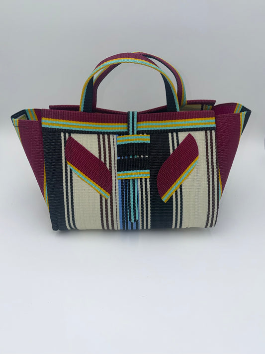 Pearl Large handwoven tote bag by SCRUBIES in Cream,,Wine,Black with Stripes design and Leaf accent pattern