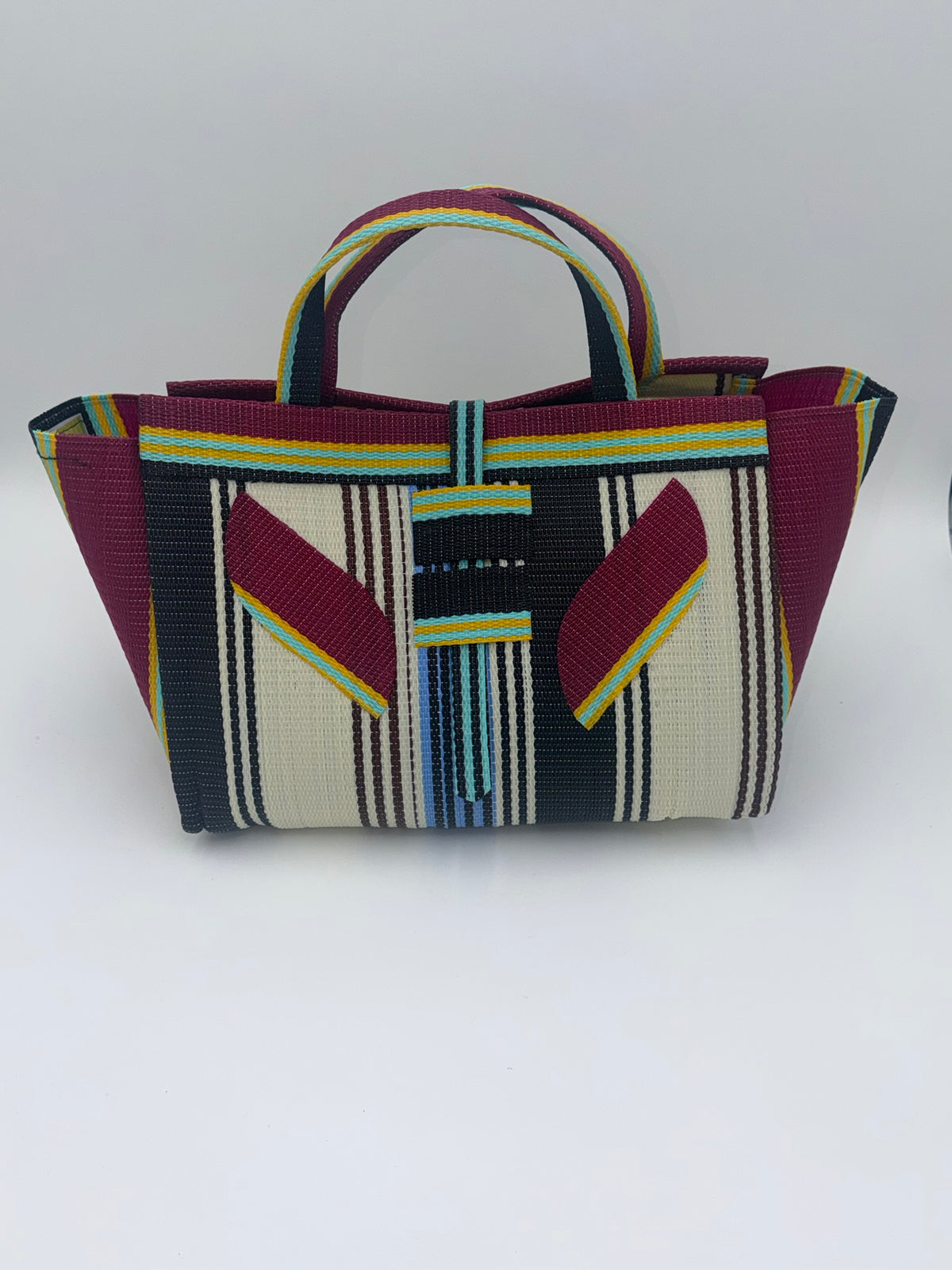 Pearl Large handwoven tote bag by SCRUBIES in Cream,,Wine,Black with Stripes design and Leaf accent pattern