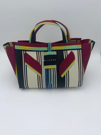 Pearl Large handwoven tote bag by SCRUBIES in Cream,,Wine,Black with Stripes design and Leaf accent pattern
