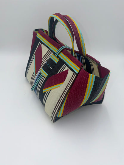 Pearl Large handwoven tote bag by SCRUBIES in Cream,,Wine,Black with Stripes design and Leaf accent pattern