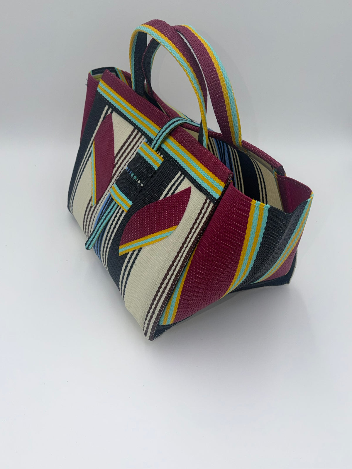 Pearl Large handwoven tote bag by SCRUBIES in Cream,,Wine,Black with Stripes design and Leaf accent pattern