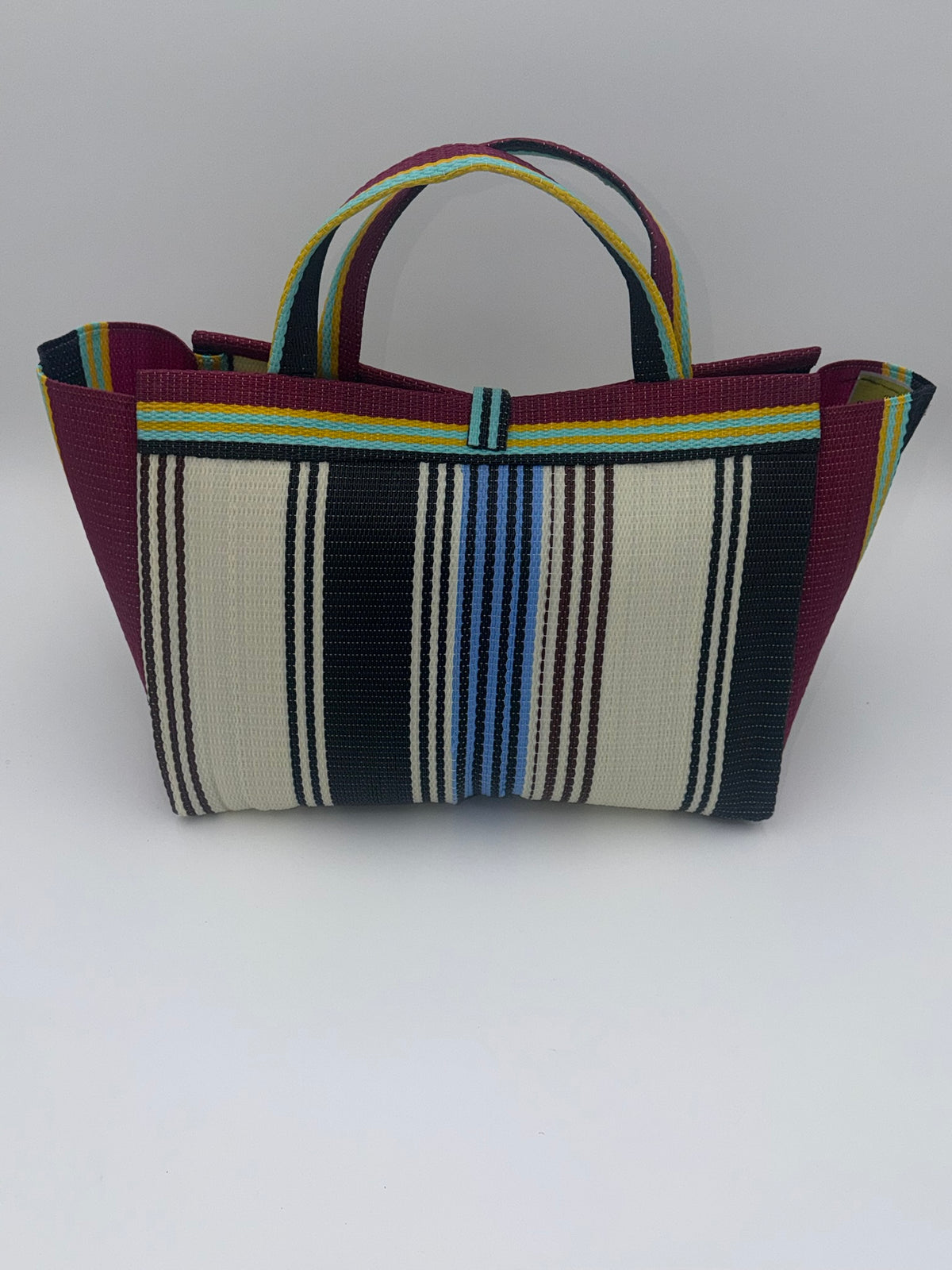 Pearl Large handwoven tote bag by SCRUBIES in Cream,,Wine,Black with Stripes design and Leaf accent pattern