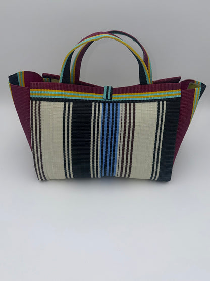 Pearl Large handwoven tote bag by SCRUBIES in Cream,,Wine,Black with Stripes design and Leaf accent pattern